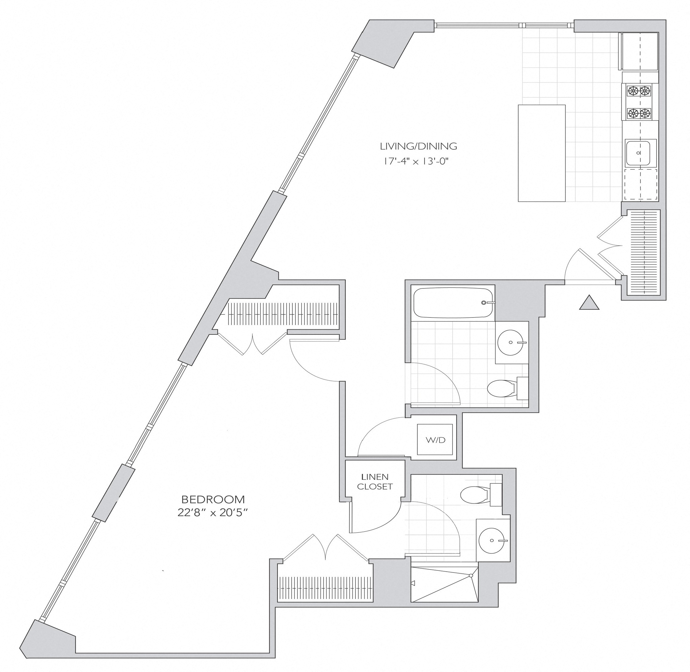 Floor plan for 1 bed, 2 baths, 962 sqft
